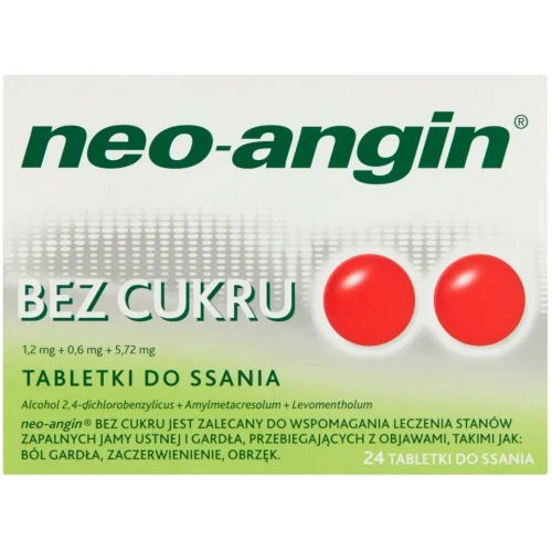 Neo-angin bez cukru, 1,2 mg + 0,6 mg + 5,72 mg, 24 tabletki do ssania - O działaniu antyseptycznym na stan zapalny jamy ustnej i gardła