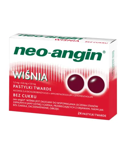 Neo-Angin wiśnia, 24 pastylki twarde -  Wspomaga leczenia stanów zapalnych jamy ustnej i gardła