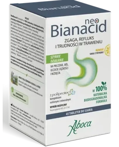Aboca Neobianacid smak cytrynowy, 45 tabletek do ssania - Chroni błonę śluzową żołądka, naturalny preparat na zgagę