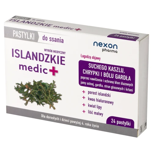 Nexon Pharma Islandzkie Medic+, 24 pastylki - Pastylki do ssania z porostem islandzkim