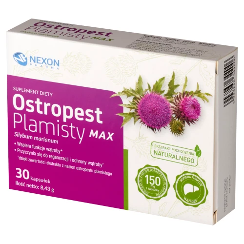 Nexon Pharma Ostropest Plamisty Max, 30 kapsułek - Naturalne źródło wspierającej wątrobę sylimaryny i sylibiny