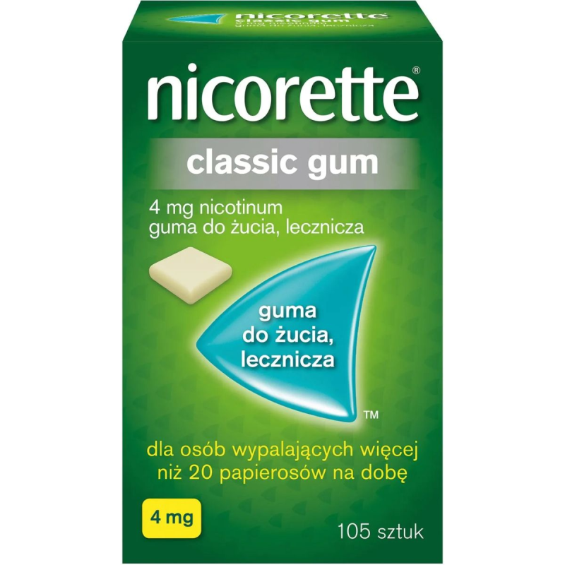 Nicorette Classic Gum 4 mg, 105 gum - Łagodzi głód nikotynowy, zmniejsza objawy odstawienia papierosów