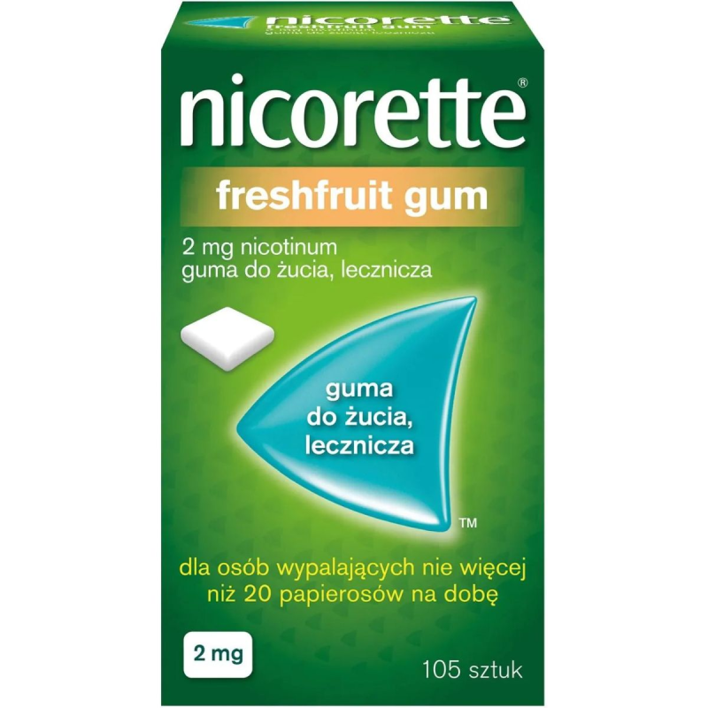 Nicorette FreshFruit 2 mg, lecznicza owocowa guma do żucia, 105 sztuk - Zmniejsza głód nikotynowy, ułatwia rzucanie palenia