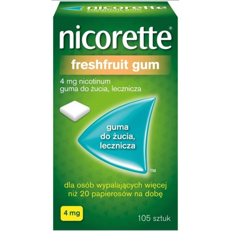 Nicorette FreshFruit Gum 4 mg, 105 sztuk - Dla osób dorosłych, które chcą rzucić palenie lub zmniejszyć liczbę wypalanych papierosów