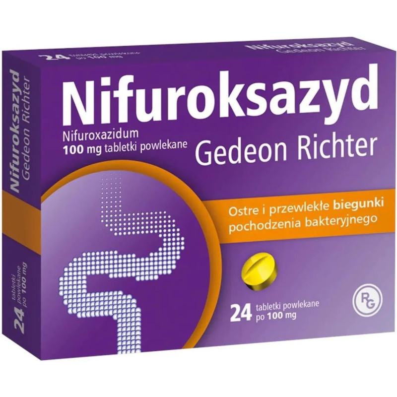 Nifuroksazyd Gedeon Richter 100 mg, 24 tabletki powlekane - Do stosowanania w leczeniu ostrych i przewlekłych biegunek