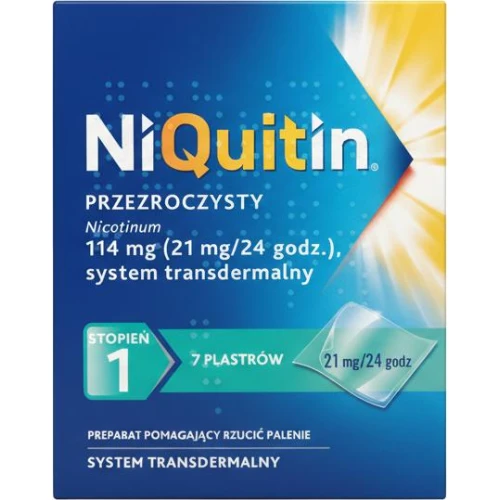 NiQuitin Przezroczysty 21 mg/24h, 7 plastrów - Pierwszy stopiń,  pomaga rzucić palenie