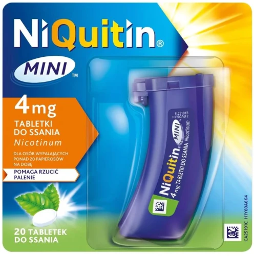 NiQuitin MINI 4 mg, 20 tabletek do ssania - 1 tabletka do ssania zawiera 4 mg nikotyny (w postaci nikotyny z kationitem)