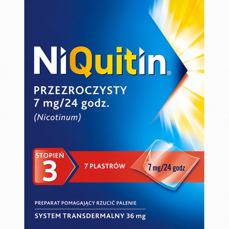 NiQuitin Przezroczysty 7 mg/24 h, 7 plastrów - Trzeci stopień pomagający rzucić palenie, system transdermalny 36 mg