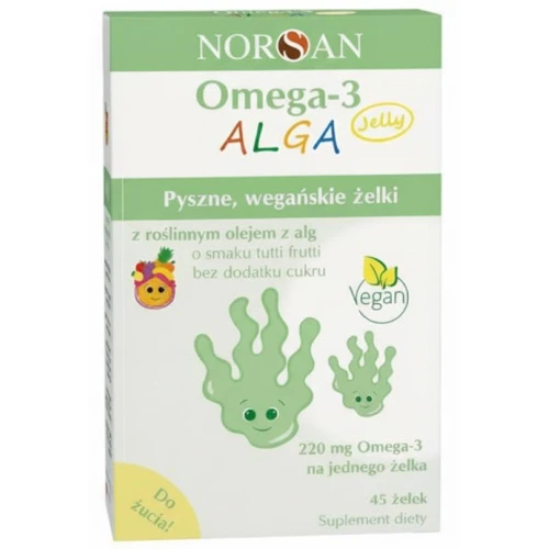 Norsan Omega-3 Alga Jelly, bez cukru, smak tutti–frutti, 45 żelków - Z roślinnym olejem z alg, źródłem Omega – 3