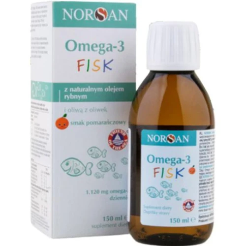 Norsan Omega-3 Fisk dla dzieci, smak pomarańczowy, płyn 150 ml - Naturalny olejz ryb z omega-3 wzbogacony oliwą z oliwek