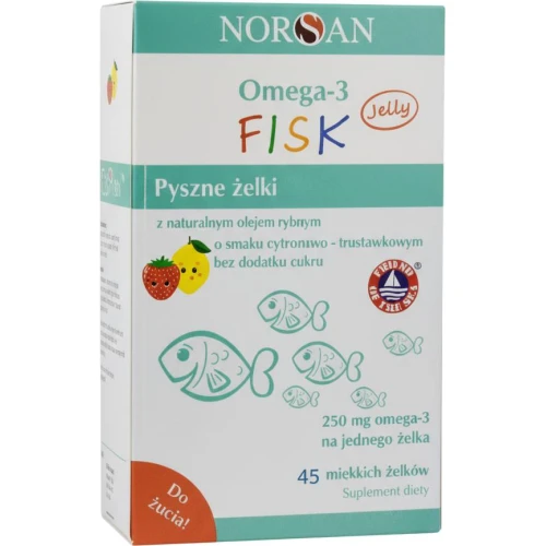 Norsan Omega-3 Fisk Jelly, bez cukru, smak cytrynowo – truskawkowy, 45 żelków - Naturalny olej rybny z witaminą D3 dla dzieci od 3. roku życia