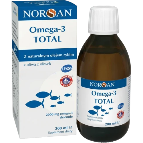 Norsan Omega-3 Total, smak naturalny, płynny olej 200 ml - Olej z makreli, sardynek i serdeli bogaty w EPA i DHA z oliwą z oliwek