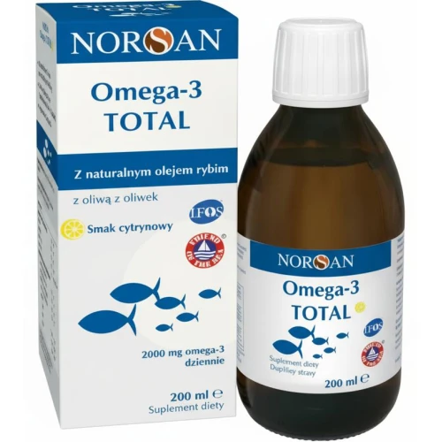 Norsan Omega-3 Total, smak cytrynowy, płynny olej 200 ml - Z makreli, sardynek i serdeli bogaty w EPA i DHA, wzbogacony oliwą z oliwek