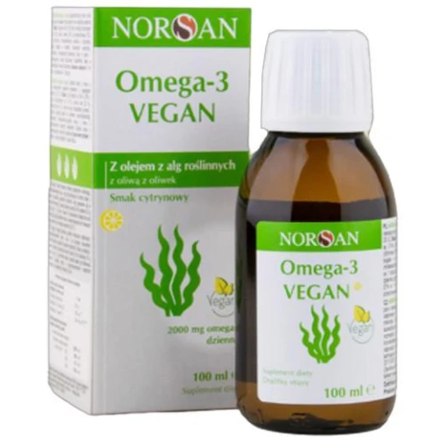 Norsan Omega-3 Vegan, smak cytrynowy, olej z alg 100 ml - Roślinny olej bez dodatku ryb bogaty w EPA
