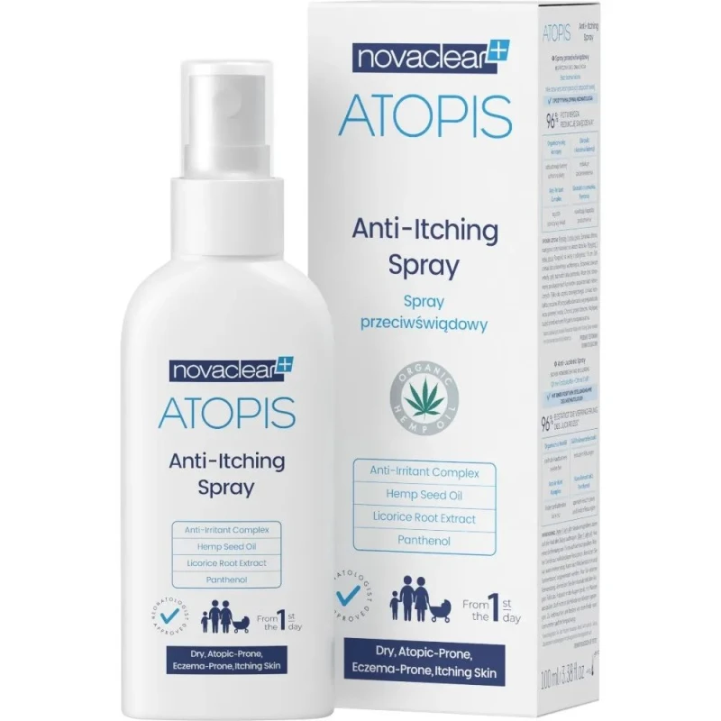 Novaclear Atopis spray przeciwświądowy, 100 ml - Kojący spray do skóry suchej, wrażliwej, atopowej i swędzącej