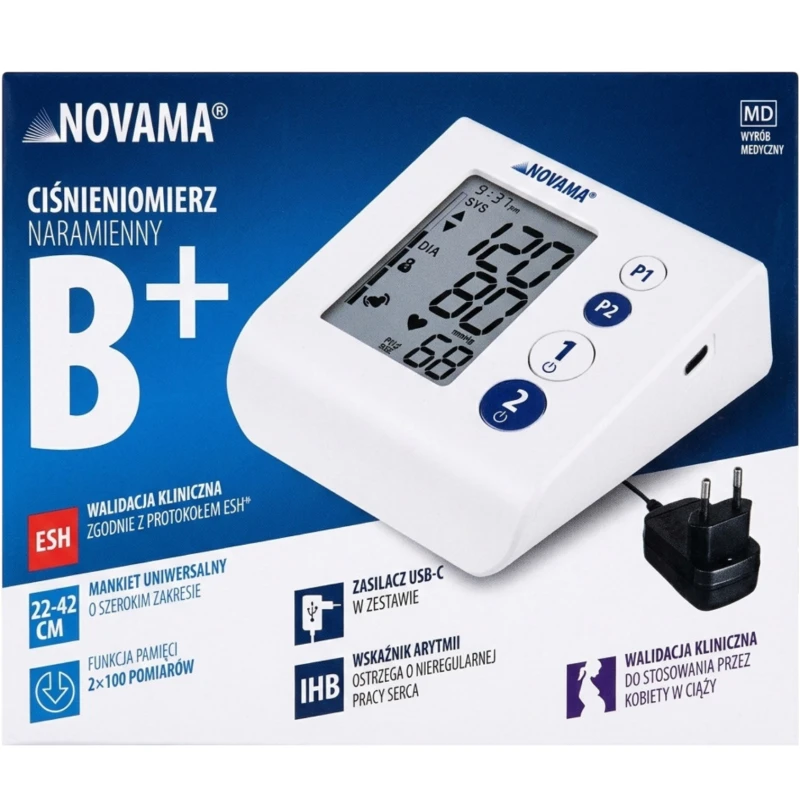 Novama B+ Ciśnieniomierz naramienny z zasilaczem, 1 sztuka - Wskaźnik arytmii IHB,  pamięć 2x100 pomiarówi oraz uniwersalny mankiet 22-42 cm