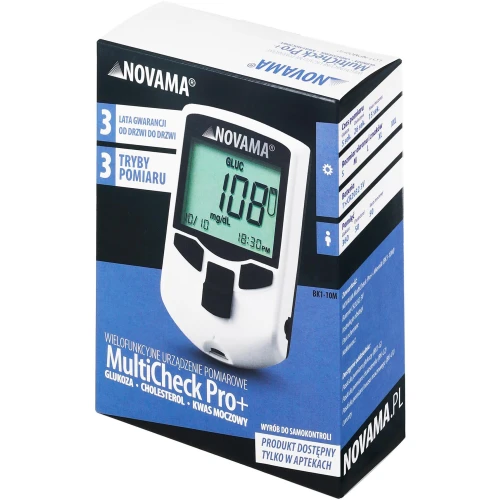 Novama MultiCheck Pro+ wielofunkcyjny analizator krwi z funkcją glukometru, 1 sztuka - Pomiar 3w1 glukoza, cholesterol, kwas moczowy