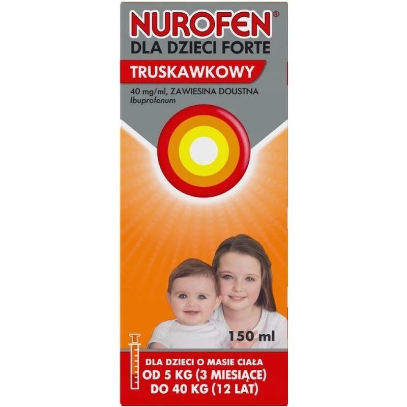 Nurofen dla dzieci Forte truskawkowy, zawiesina doustna 150 ml - Z ibuprofem o działaniu przeciwbólowym i przeciwzapalnym dla dzieci od 3 miesiąca życia