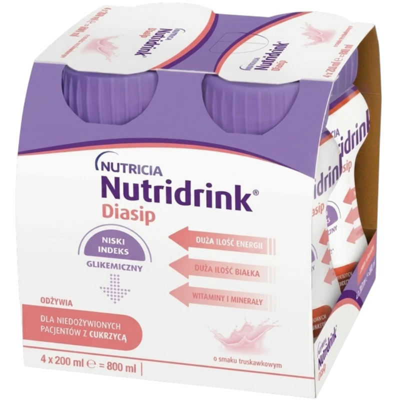 Nutridrink Diasip, smak truskawkowy, 4 x 200 ml - Kompletna dieta bogata w błonnik dla osób z cukrzycą