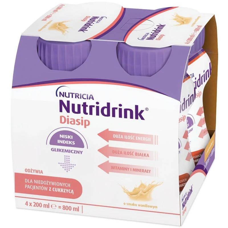 Nutridrink Diasip, smak waniliowy, 4 x 200 ml - Kompletna dieta bogata w błonnik dla pacjentów z cukrzycą i hiperglikemią