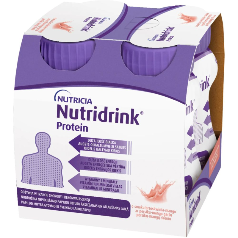 Nutridrink Protein smak brzoskwinia-mango, 4 x 125 ml - Preparat wysokobiałkowy dla osób dla osób niedożywionych