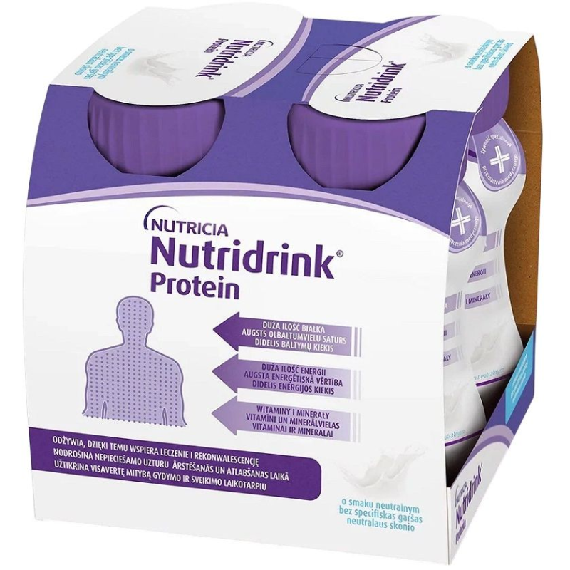 Nutridrink Protein neutralny smak, 4 x 125 ml - Preparat wysokobiałkowy dla osób z brakiem apetytu i niechęcia do jedzenia