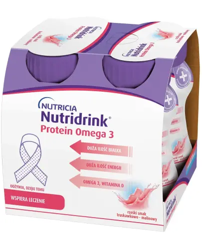 Nutridrink Protein Omega smak truskawkowo-malinowy, 4 x 125 ml - Wysokoenergetyczny, wysokobiałkowy z kwasami Omega 3