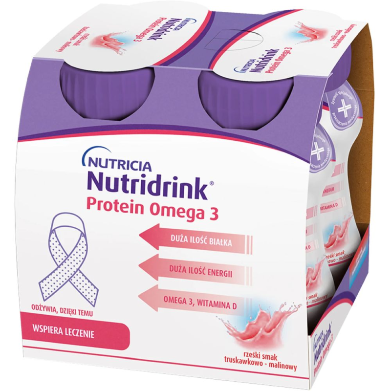 Nutridrink Protein Omega smak truskawkowo-malinowy, 4 x 125 ml - Wysokoenergetyczny, wysokobiałkowy z kwasami Omega 3