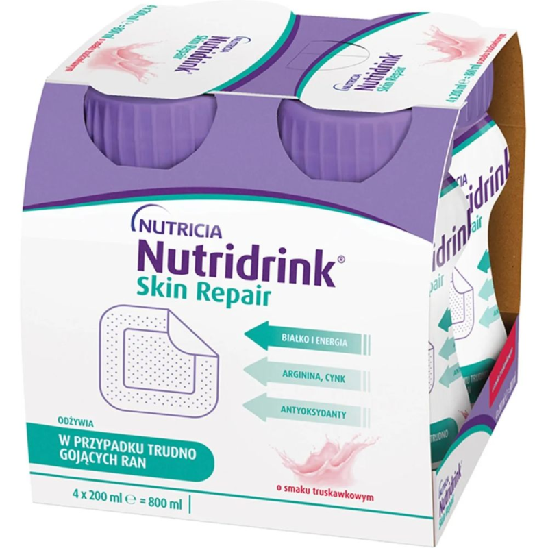 Nutridrink Skin Repair o smaku truskawkowym, 4 x 200 ml - Odżywka wysokobiałkowa dla dorosłych na odleżyny i trudno gojące rany