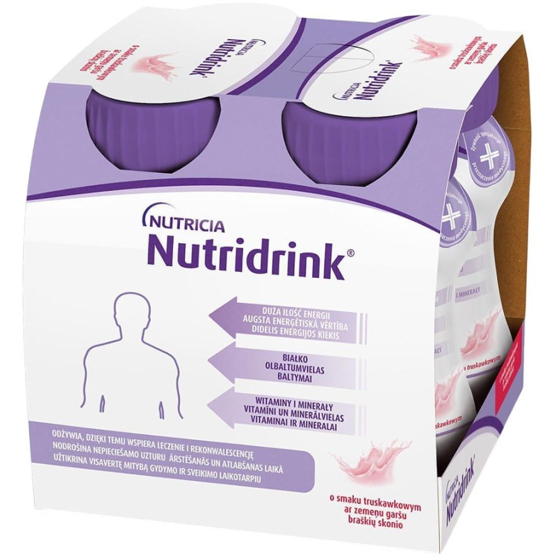 Nutridrink smak truskawkowy, 4 x 125 ml - Preparat wysokoenergetyczny dla osób niedożywionych
