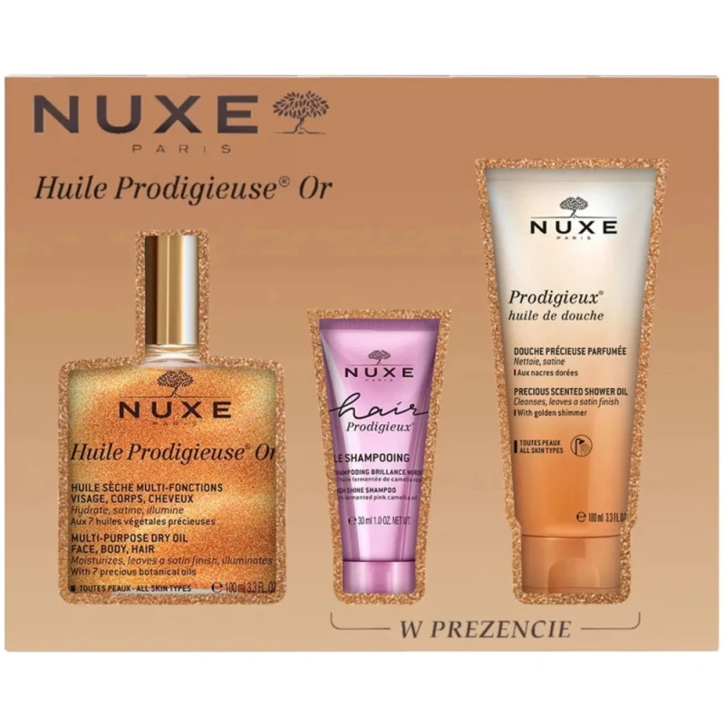 Nuxe Huile Prodigieuse® Or suchy olejek, 100 ml + Prodigieux szampon, 30 ml + Prodigieux olejek pod prysznic, 100 ml - Pielęgnacja ciała i włosów