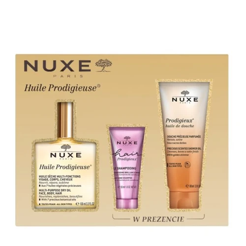 Nuxe Huile Prodigieuse Zestaw Olejek suchy, 100 ml + Olejek pod prysznic, 100ml + Szampon do włosów, 30 ml - Naturalna, luksusowa pielęgnacja twarzy, ciała i włosów