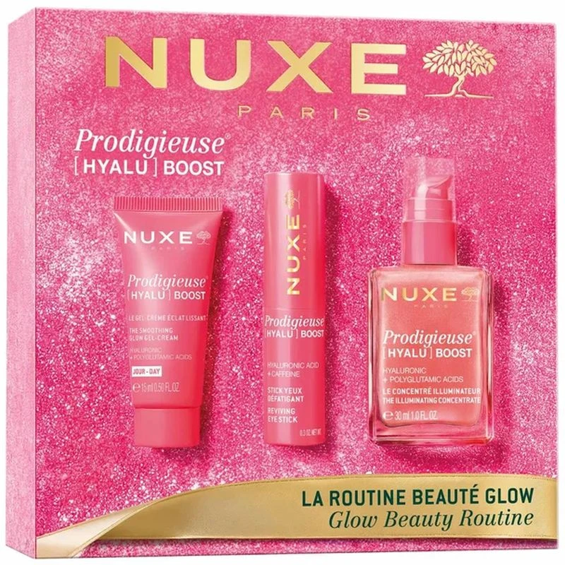 Nuxe Prodigieuse [HYALU] Boost Glow Beauty Routine Zestaw - serum, 30 ml + krem, 15 ml +  sztyft, 8,5 g - Nawilża, rozświetla i nadaje efekt glow