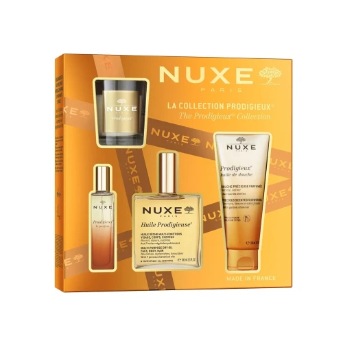 Nuxe The Legendary Glow Zestaw - Huile Prodigieuse, 100 ml + Prodigieux® perfumy, 15 ml + Prodigieux olejek pod prysznic, 100 ml + świeca zapachowa, 70 g - Zmysłowa rutyna piękna