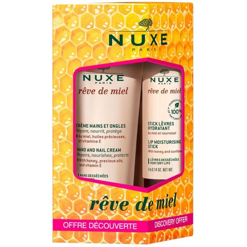 Nuxe Reve de Miel Zestaw Krem do rąk, 30 ml + Pomadka, 4 g - Pielęgnacja przesuszonej skóry dłoni i warg, z naturalnymi składnikami