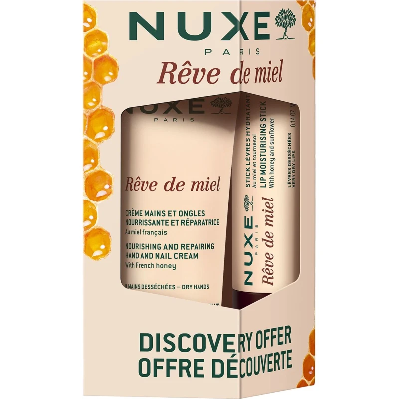 Nuxe Rêve de Miel Zestaw - Krem do rąk, 30 ml + Pomadka, 4 g - Odżywcza pielęgnacja suchej skóry dłoni i ust