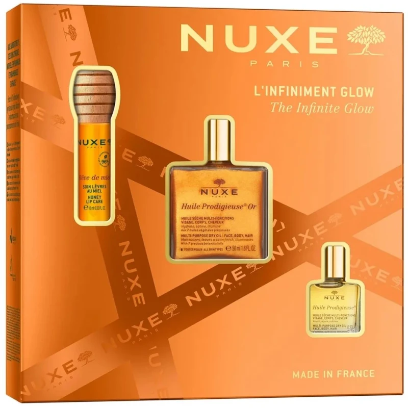 Nuxe The Infinite Glow Zestaw - Huile Prodigieuse Or, 50 ml + Huile Prodigieuse, 10 ml + Rêve de Miel olejek do ust, 10 ml