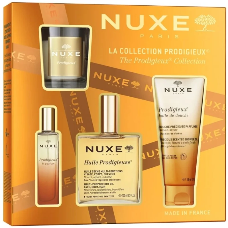 Nuxe The Legendary Glow - Huile Prodigieuse, 100 ml + Prodigieux® perfumy, 15 ml + Prodigieux olejek pod prysznic, 100 ml + świeca zapachowa, 70 g