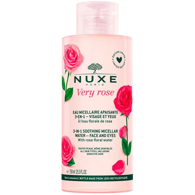 Nuxe Very Rose Nawilżająca woda micelarna 3w1, 750 ml - Usuwa makijaż, oczyszcza i nawilża skórę twarzy. 