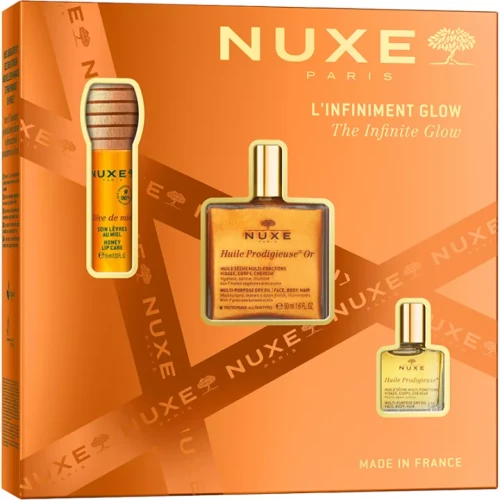 Nuxe The Infinite Glow Zestaw - Huile Prodigieuse Or, 50 ml + Huile Prodigieuse, 10 ml + Rêve de Miel olejek do ust, 10 ml - Olejkowa moc blasku i nawilżenia