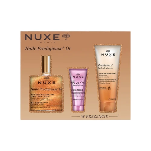 Nuxe Huile Prodigieuse® Or suchy olejek, 100 ml + Prodigieux szampon, 30 ml + Prodigieux olejek pod prysznic, 100 ml - Zestaw Nuxe – rozświetlenie, nawilżenie i odżywienie skóry i włosów