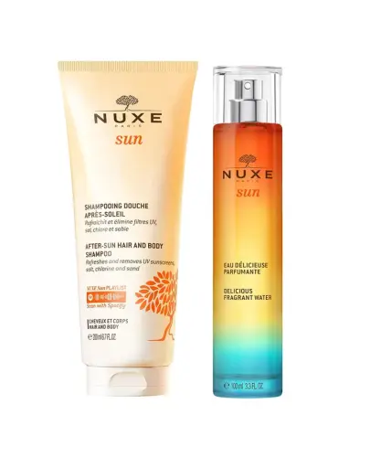 Zestaw Nuxe Sun Woda Zapachowa, 100 ml +  Nuxe Żel pod prysznic po opalaniu, 200 ml - Słodki, zmysłowy, oczyszczający, nawilżający zestaw do pielęgnacji skóry całego ciała.