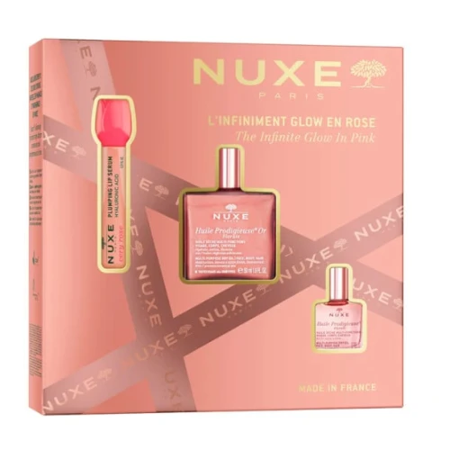 NuxeThe Infinite Glow in Pink Zestaw - Very Rose serum do ust, 8 ml + Huile Prodigieuse Or Florale, 50 ml + Huile Prodigieuse Florale, 10 ml - Rozświetl swoją skórę i usta