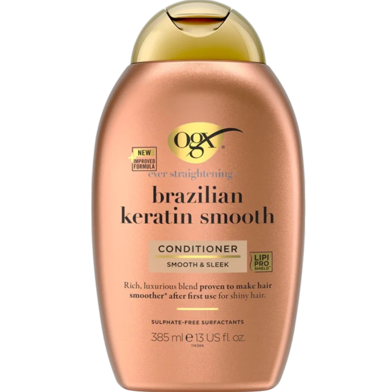 OGX Brazilian Keratin Odżywka wygładzająca z brazylijską keratyną, 385 ml - Zapewnia gładkość i blask