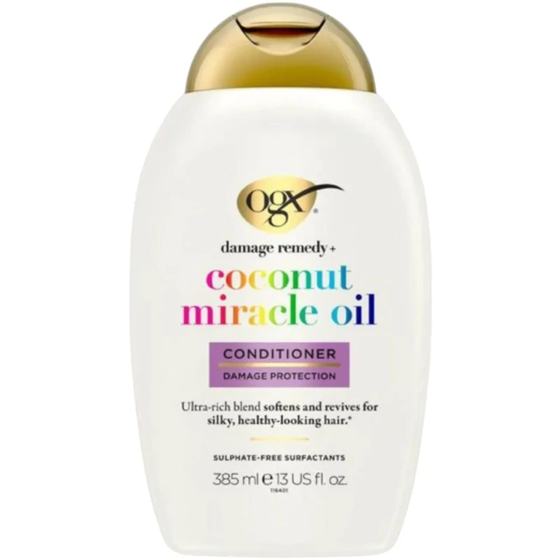 OGX Coconut Miracle Oil, odżywka odbudowująca kokosowo-waniliowa, 385 ml - Nawilżająca odżywka wygładzająca do włosów suchych