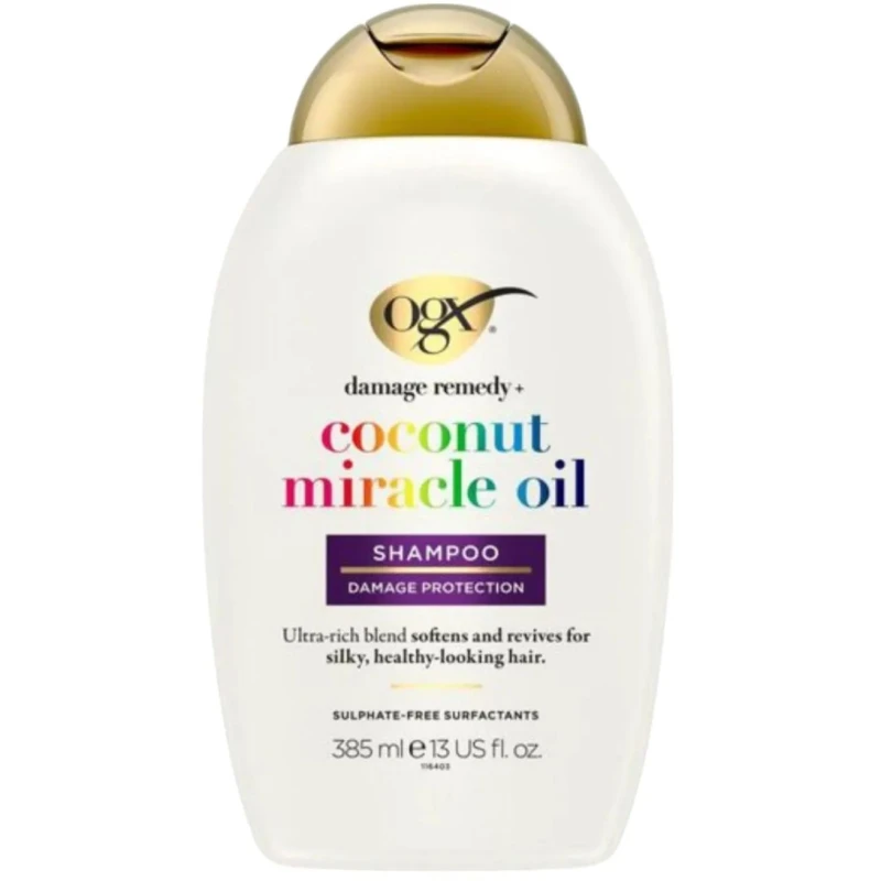 OGX Coconut Miracle Oil, szampon odbudowujący kokosowo-waniliowy, 385 ml - Do włosów przesuszonych przywraca im miękkość i blask