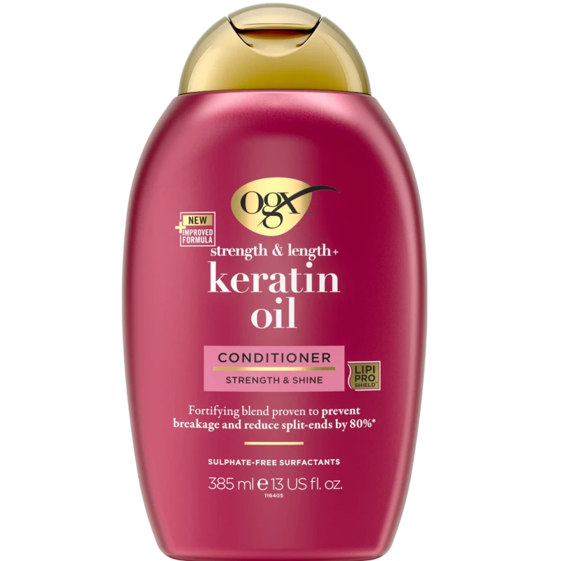 OGX Strength & Length + Keratin Oil, odżywka z olejkiem keratynowym, 385 ml - Zapobiega łamaniu włosów i rozdwajaniu końcówek