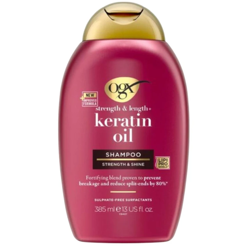 OGX Strength & Length + Keratin oil, szampon z olejkiem keratynowym, 385 ml - Wzmacnia siłę i blask, edukuje rozdwajanie końcówek