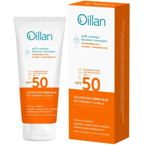 Oillan Ochronna emulsja przeciwsłoneczna do twarzy i ciała z filtrem SPF 50 do skóry wrażliwej, 100 ml - Od 6. miesiąca życia