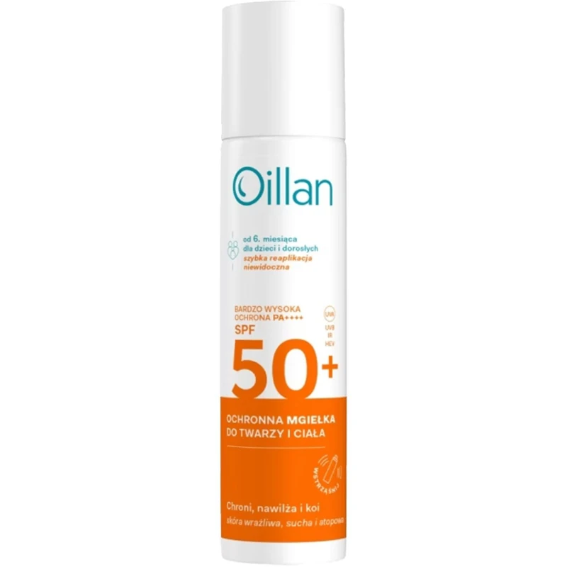 Oillan Mgiełka ochronna SPF 50+ od 6. miesiąca, 75 ml - Mgiełka z filtrem UV chroni, nawilża, koi